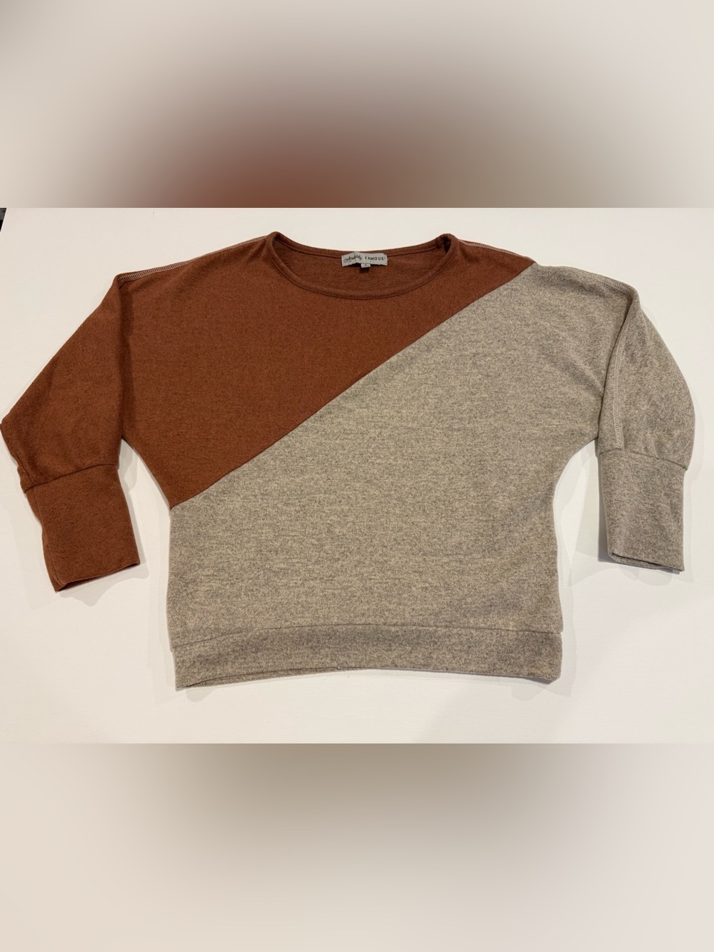 Absolutely Famous Brown and Heather Gray Diagonal Colorblock Crewneck